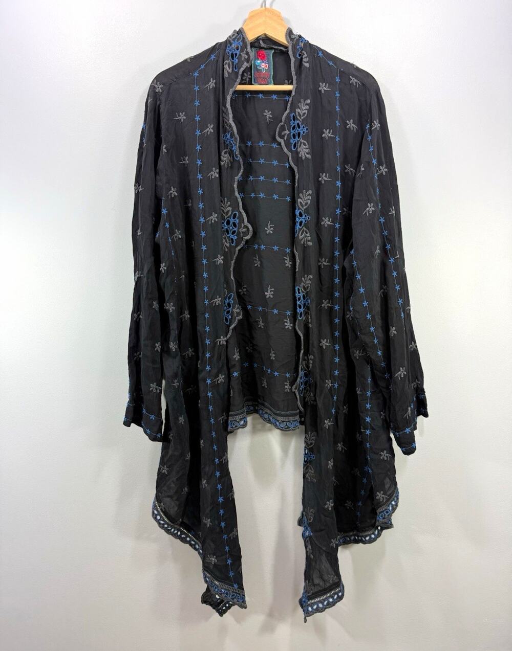 Johnny Was Women's Black/Blue/Gray Embroidered Open Long Kimono Jacket 2XL 0165